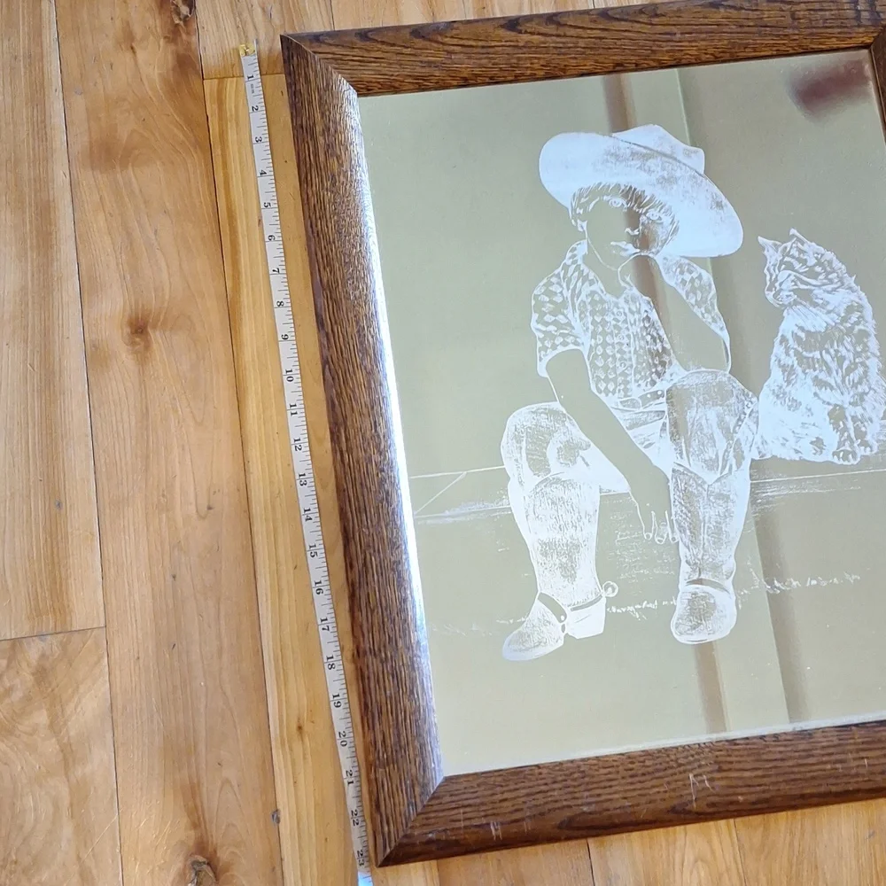Vintage Cowboy Kid And Cat Etched Glass Mirror With Wooden Frame